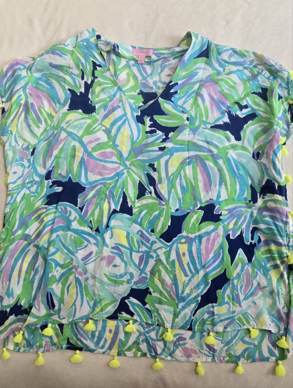 Lilly Pulitzer Size S/M Blue Green Sydney Caftan Top Tassels Preppy Resortwear